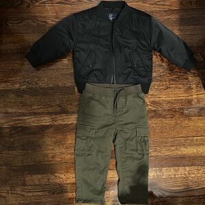 Baby Gap Black Water Resistant Jacket with Green Cargo Pants 18-24 months